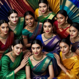 group of young women, banarasi sarees, banarasi silk sarees wholesalers, sarees varanasi, kalindi silks